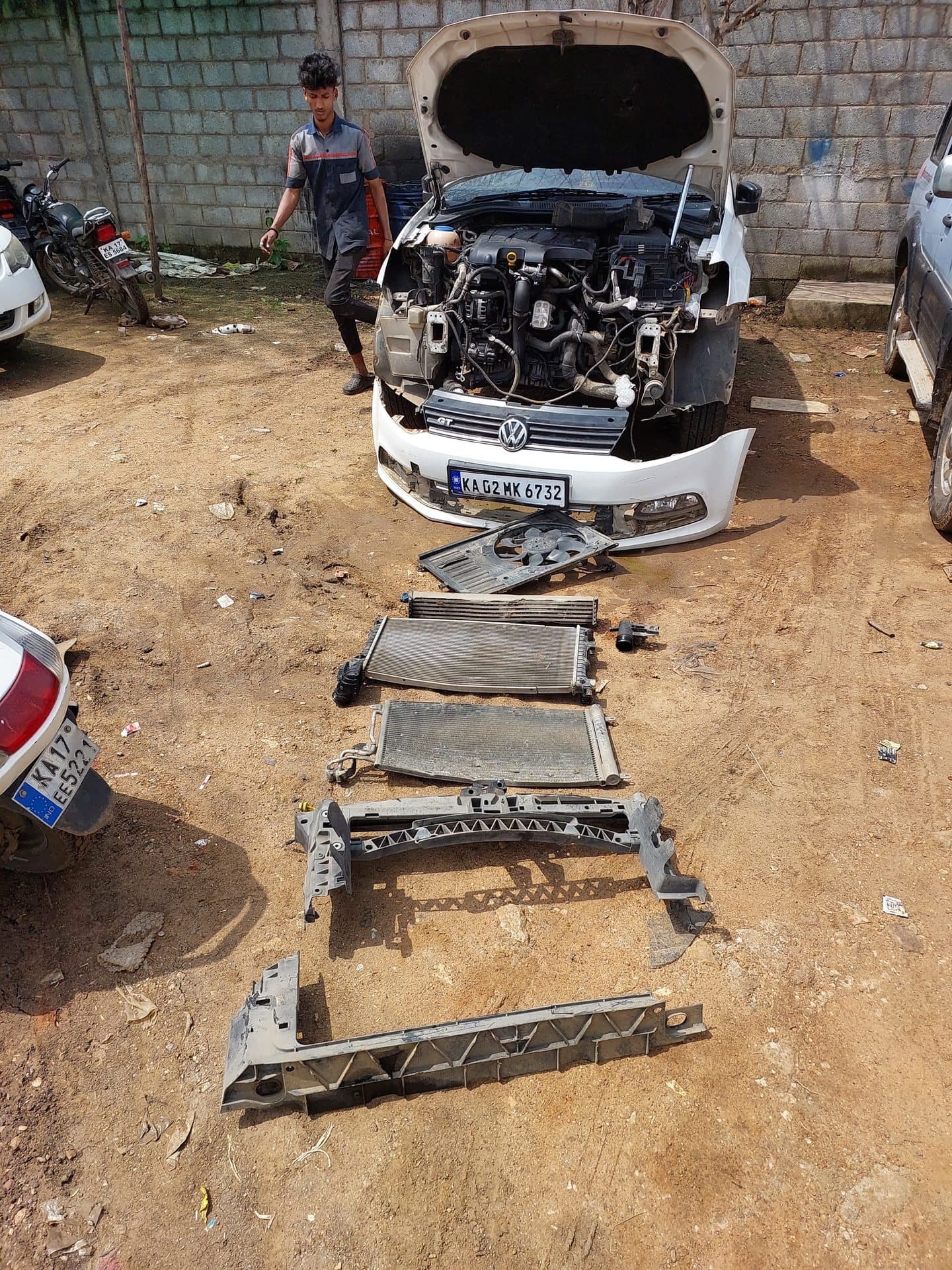 VW Polo with radiator and A/C condenser removed for mechanical repair