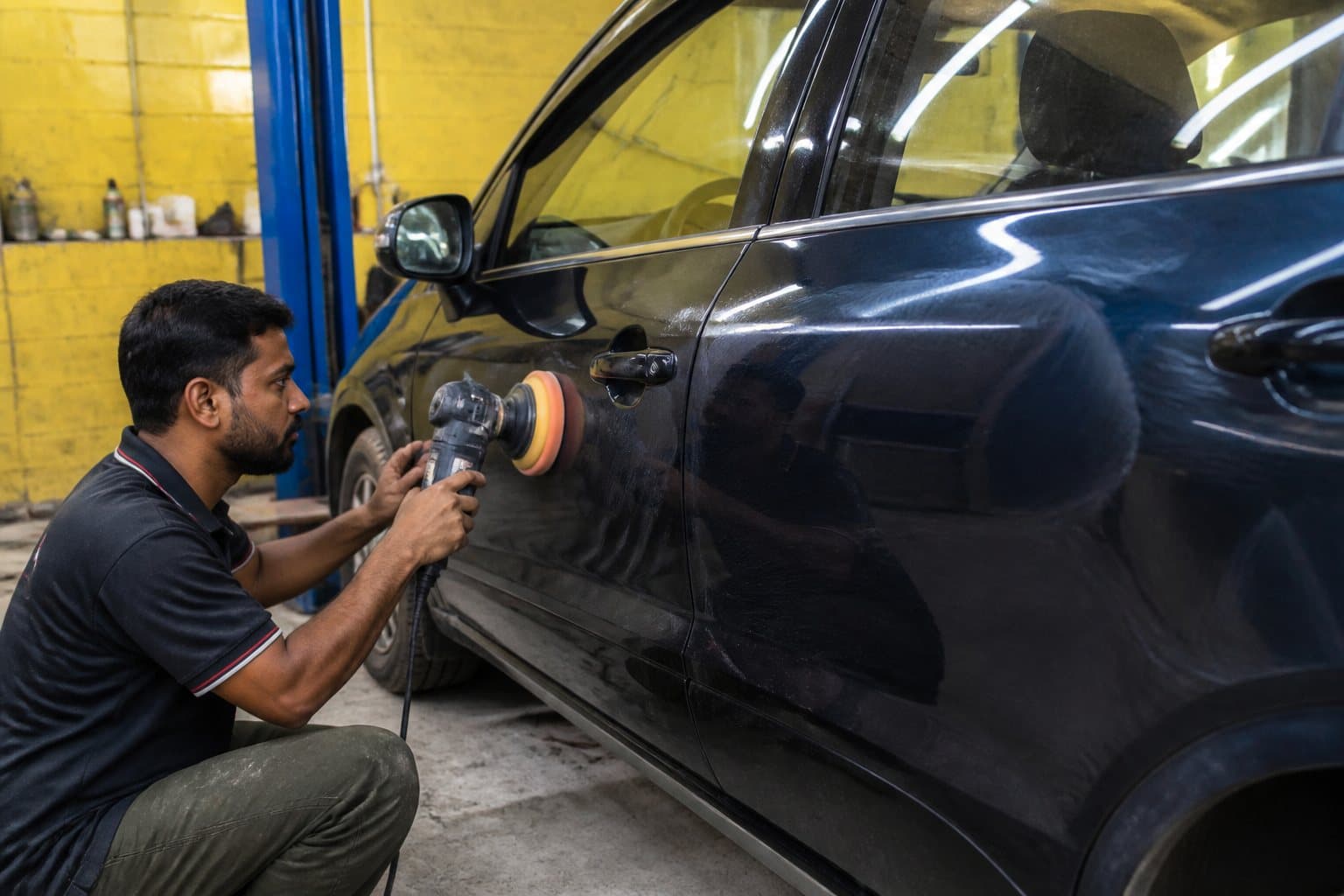 Machine rubbing and polish on a car panel at Qaswa Car Garage